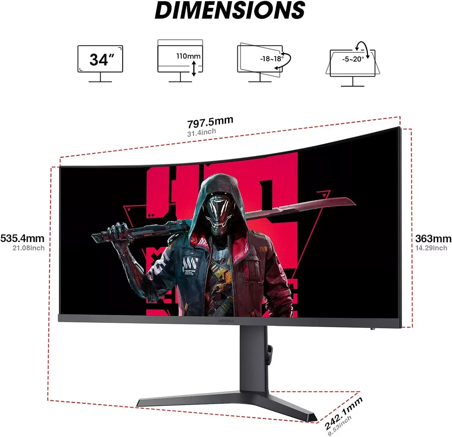 Koorui 34" 34E6U6 WQHD 165Hz Refresh Rate - 1Ms Response 2K Curved Gaming Monito